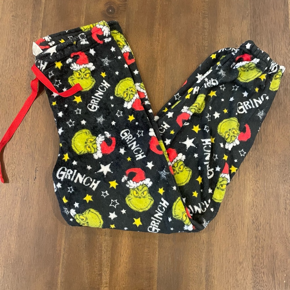 Dr. Seuss Grinch fuzzy Pajama Bottoms with Playful Design Santa hat Christmas